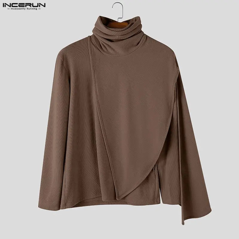 INCERUN Men's Pullovers Solid Turtleneck Long Sleeve Casual Irregular Tops Sweater For Man Streetwear Loose Fashion Men Clothes