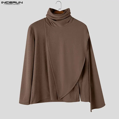 INCERUN Men's Pullovers Solid Turtleneck Long Sleeve Casual Irregular Tops Sweater For Man Streetwear Loose Fashion Men Clothes