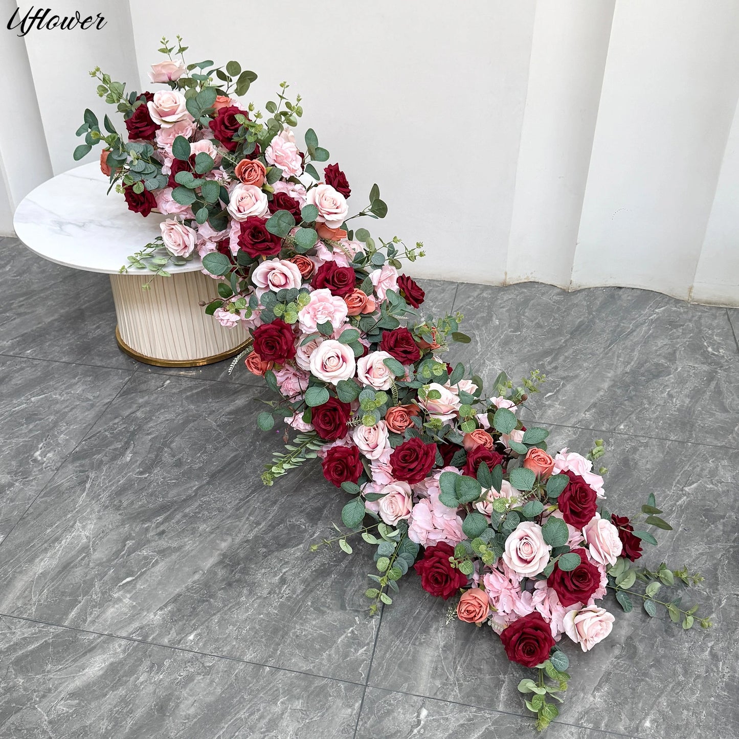 Uflower 2m Luxury Artificial Flowers Wedding Backdrop Table Long Runner Flower Row Floral Backdrop Arrangement Wall Arch Decor
