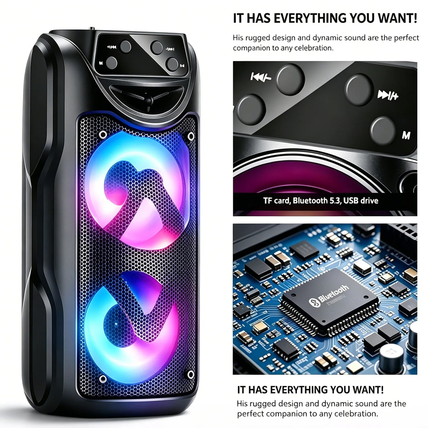 Portable Bluetooth Wireless Speaker, Dual Subwoofers for Powerful Deep Bass, TWS Stereo, Support BT/FM/USB/AUX/TF Card & Mic Input, Loud Volume Speaker for Home Party, Holiday Gathering, Ideal Christmas Gift