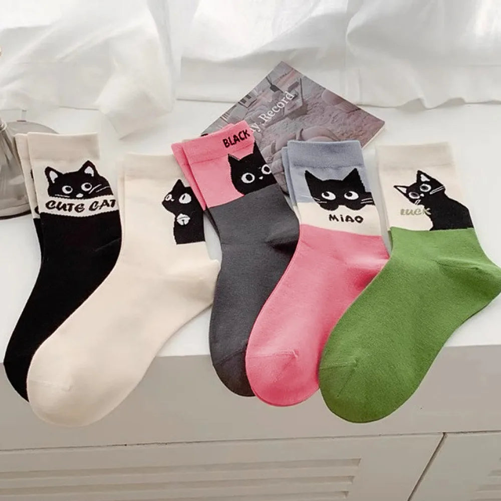 5 Pairs Cartoon Cat Women Cotton Spring Summer Socks Set Autumn Female Lady Girls Middle Tube Cute Student Socks For Women Girl