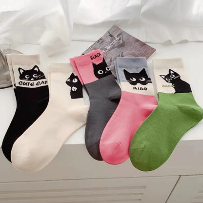 5 Pairs Cartoon Cat Women Cotton Spring Summer Socks Set Autumn Female Lady Girls Middle Tube Cute Student Socks For Women Girl