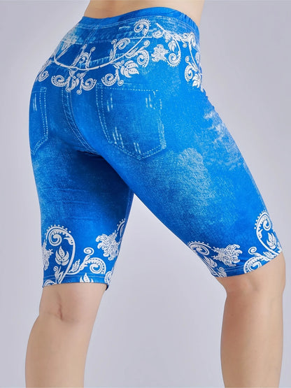 Lmitation Denim Leggings For Women Butterfly Waist Fruit Flower Elastic Shorts High Waist Casual