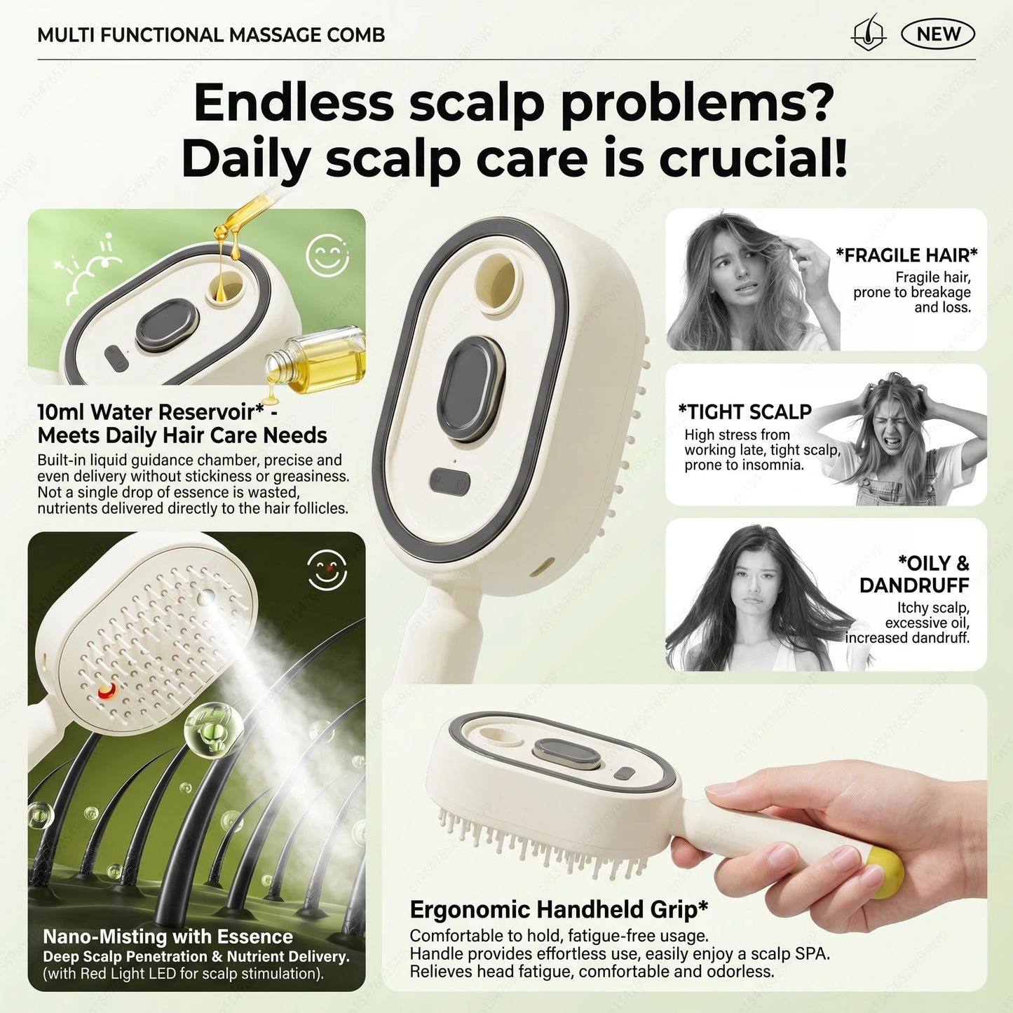Electric Spray Hair Brush 2-In-1 Misting Hair Brush with Water Spray Reduce Frizz Anti-Static Retractable Steam Massage Comb