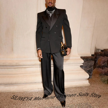 Elegant Men's Suits Classic Black Two Pieces Pant Sets Double Breasted Peaked Lapel Blazer Wedding Guest Evening Party Costume