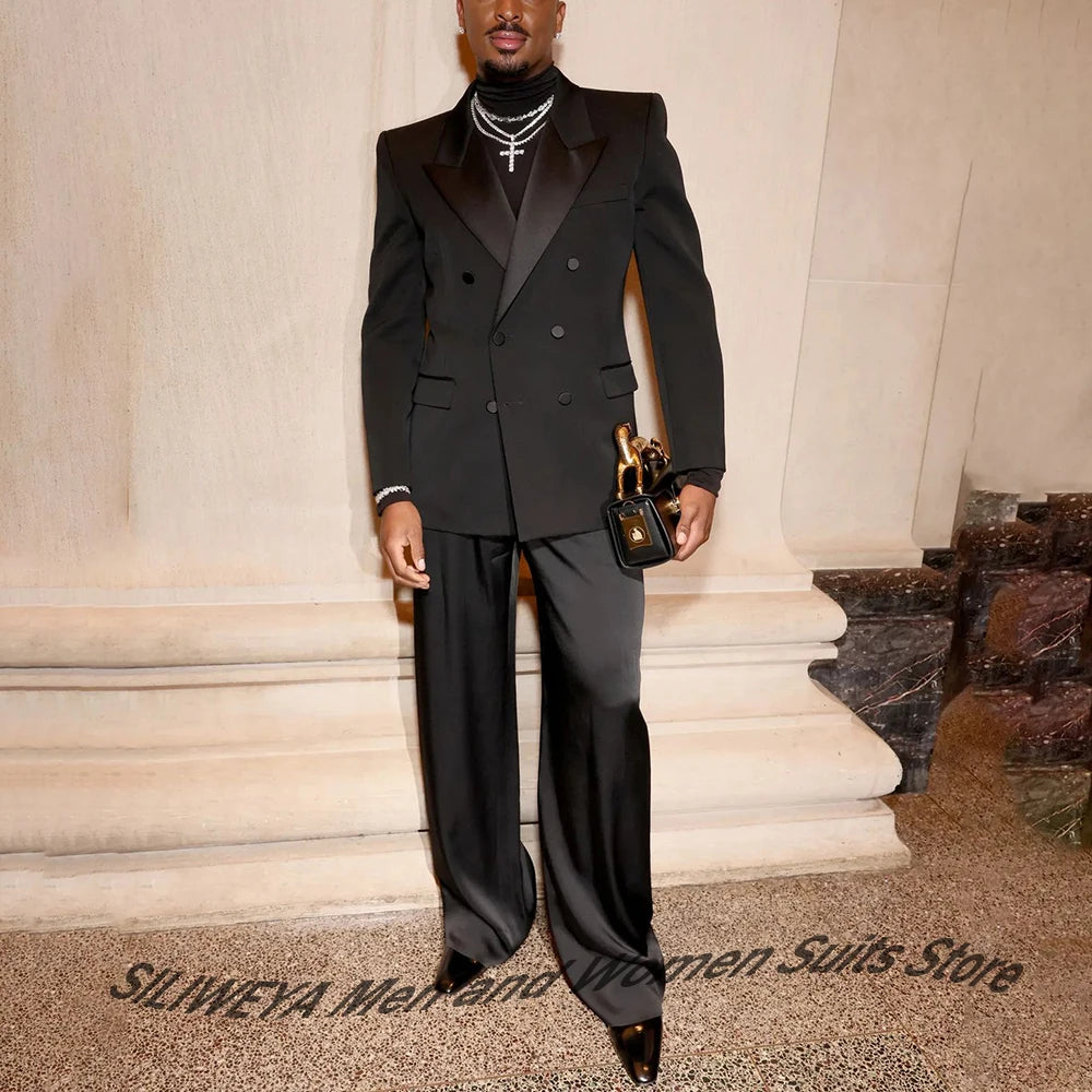 Elegant Men's Suits Classic Black Two Pieces Pant Sets Double Breasted Peaked Lapel Blazer Wedding Guest Evening Party Costume