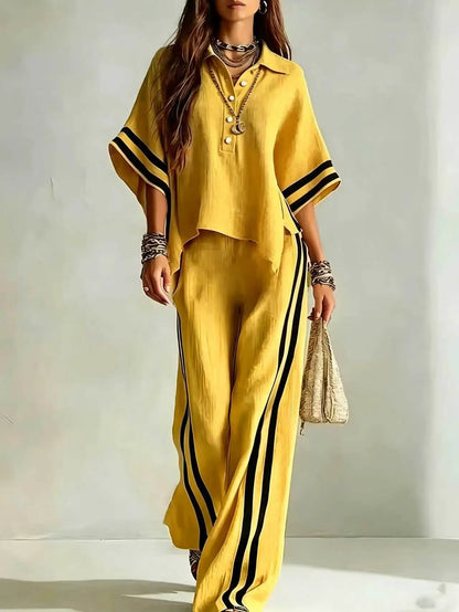 Spring Summer Women Short Sleeve Lapel Shirts Tops + Loose Striped Pants Female Casual Two-piece Clothing Set Casual Holiday Set