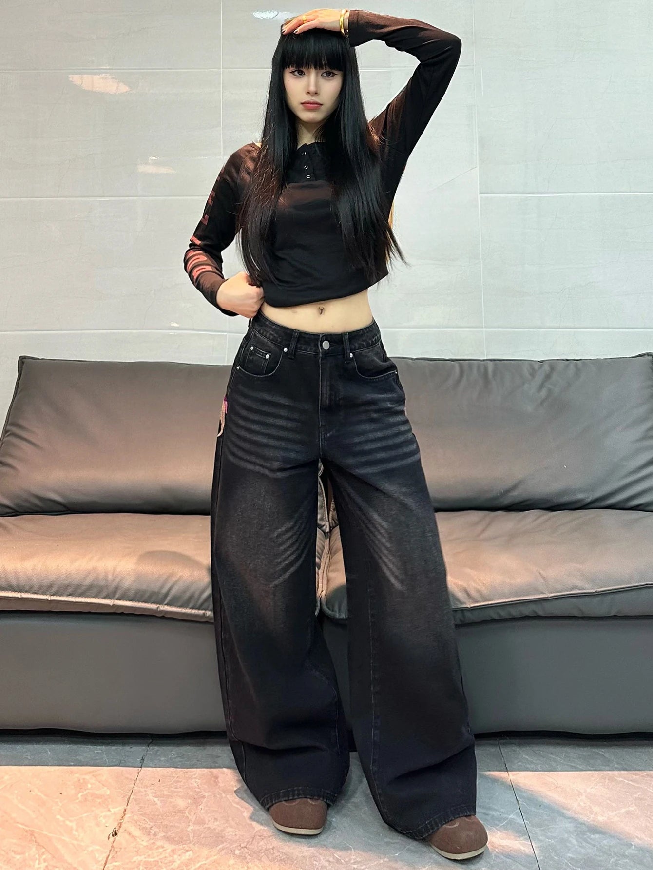 American Vintage Butterfly Embroidery Design Black Women's Loose Wide-Leg Jeans Y2K Street Fashion Versatile Straight-Leg Pants