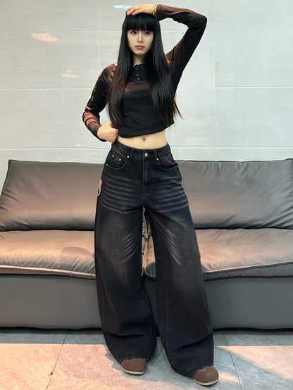 American Vintage Butterfly Embroidery Design Black Women's Loose Wide-Leg Jeans Y2K Street Fashion Versatile Straight-Leg Pants