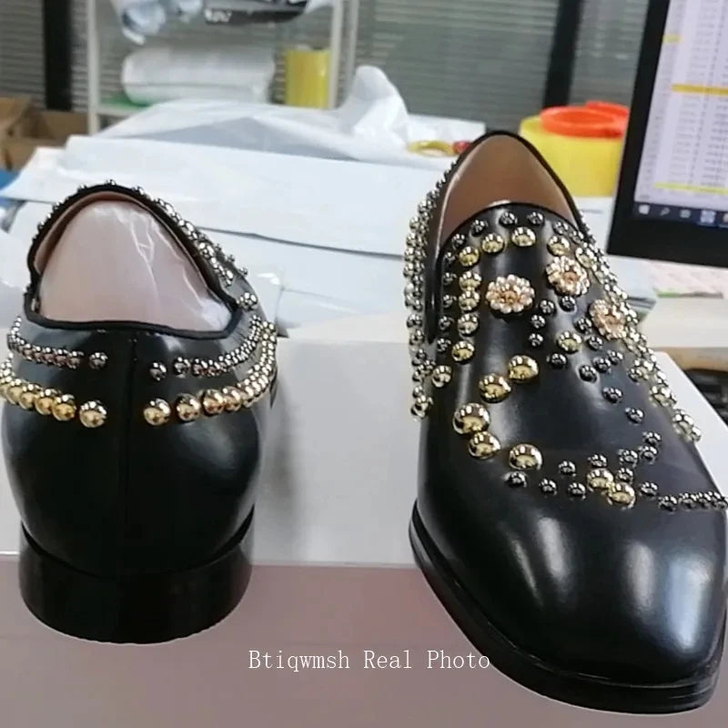 Gold Rivet Studded Shoes Man Pointed Toe Black Real Leather Hand-made Flats Male Fashion Party Shoes