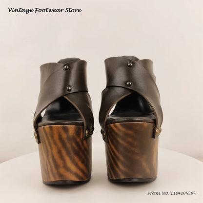 Studded Leather Platform Mules Round Open Toe Wooden Effect Thin High Heels Shoes Women's Summer Punk Style Fashion Slippers