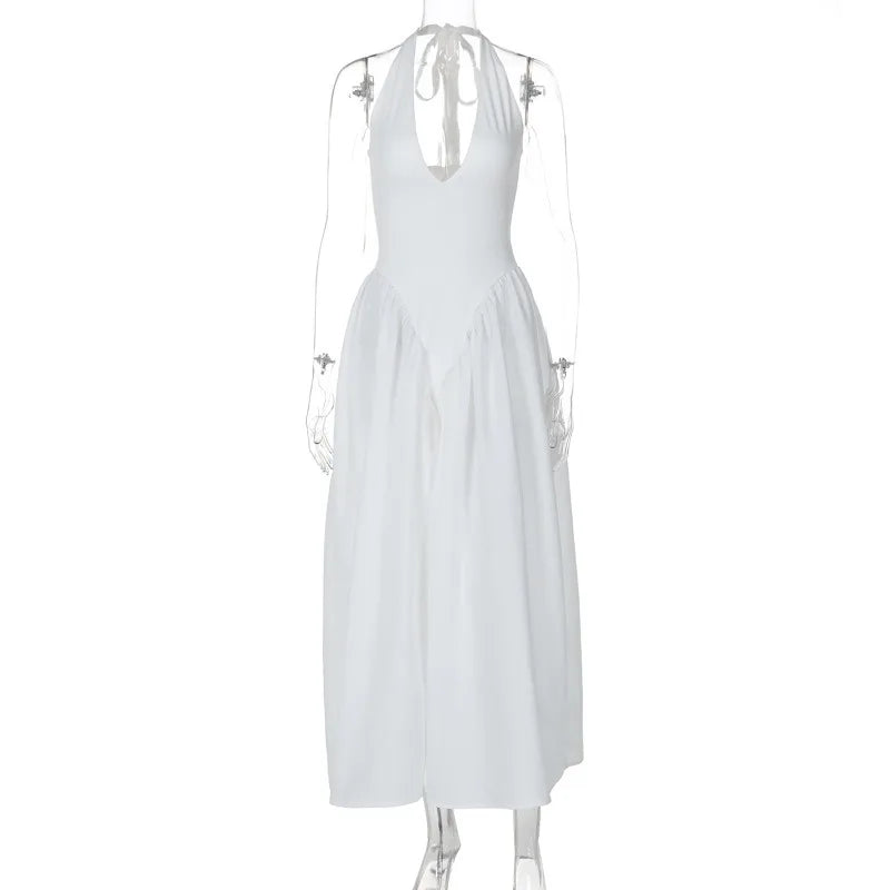Talenza Backless Deep V Spliced Long Dress Summer Women's Sexy Party Dress Halter New Fashion Slim White Sleeveless Long Dress