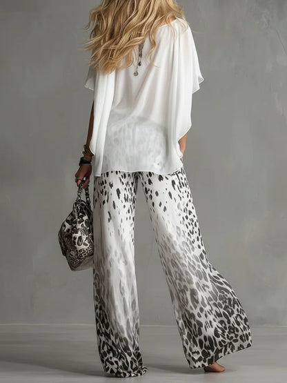 Chiffon Women Summer 2PCS Matching Set O-Neck White T-shirt And Leopard Print Wide Leg Pant Pocket Ladies Outfit Streetwear