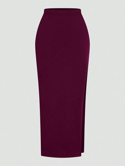 Plus Size Ms. Burgundy Sexy Romantic Urban Woman Sleeveless Neck Swing Neck Top + Split Half Skirt Long Skirt Two Piece Set