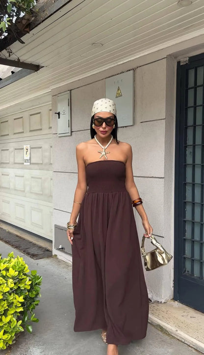 2026 New Summer Fashion Solid Color Off-Shoulder Strapless Waist-Cinching Long Dress for Women