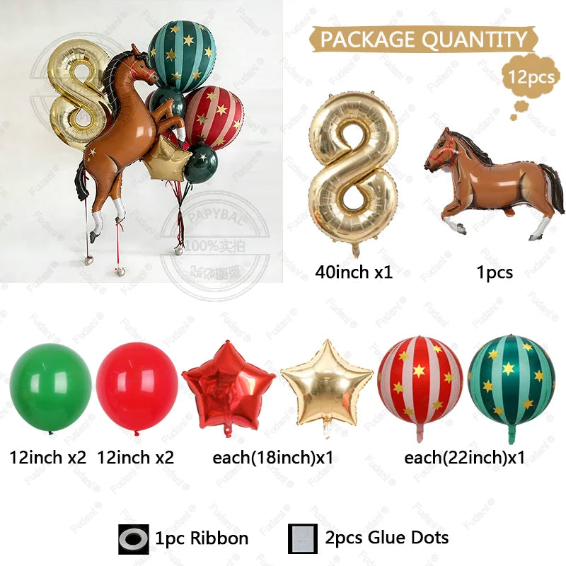 12pc Giant Race Horse Striped Star Balloons with 1-9 Cream Number Balloon for Cowboy Animal Theme Birthday Farm Party Decoration