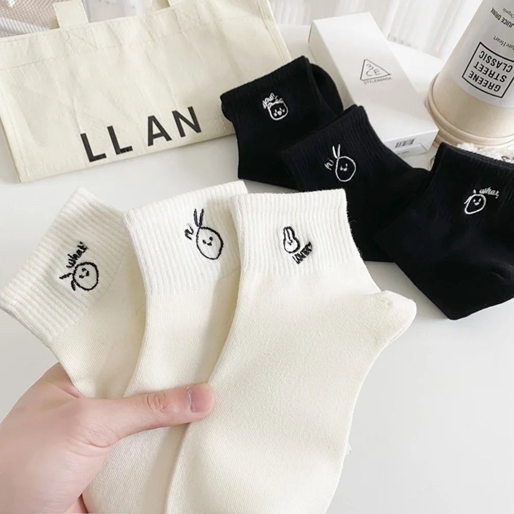 Women's Cute Cartoon Embroidery Ankle Socks Summer Thin Breathable Black White Socks Korean Style Kawaii Crew Socks Streetwear