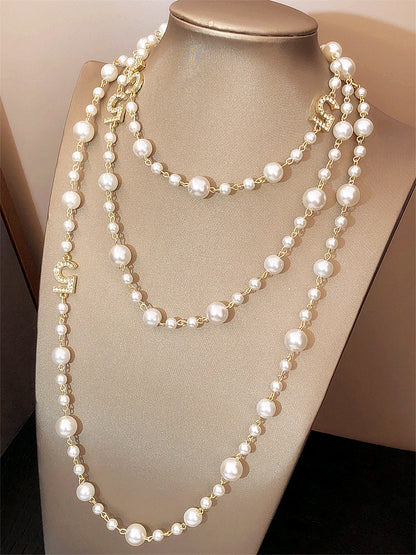 Long Pearl Letter Multi layered Tassel Sweater Chain Necklace Jewelry For Women