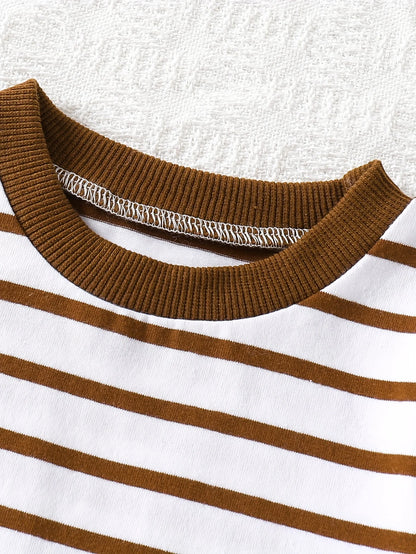 Two-Piece Set for Baby Boys: Casual and Versatile Style for Spring and Summer, Featuring a Striped Round-Neck Short-Sleeve Top and Stylish Pocket Overalls