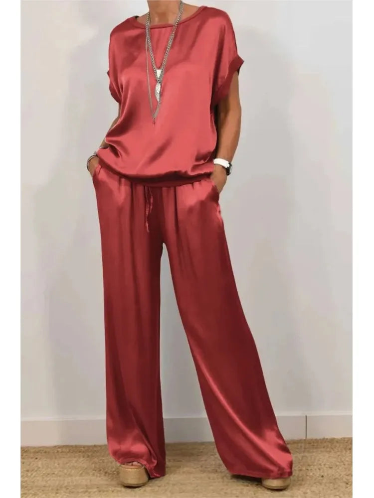 Simple Satin Women's Suits Summer Fashion Short sleeve Loose Blouse Wide Leg Pants Two Piece Set For Women Casual Outfits
