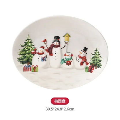 Nordic creative Christmas Snowman bowl plate cutlery set Western ceramic dinner plates Home rice salad bowl cup Christmas gift