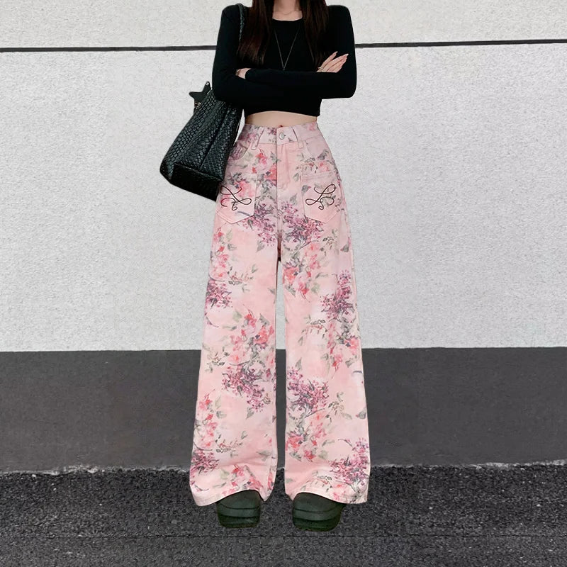 2025 Trend Y2K Style Flowers Printed Pink Baggy Women's Jeans Pants Woman Clothing Korean Casual Cotton Long Trousers Ropa Mujer