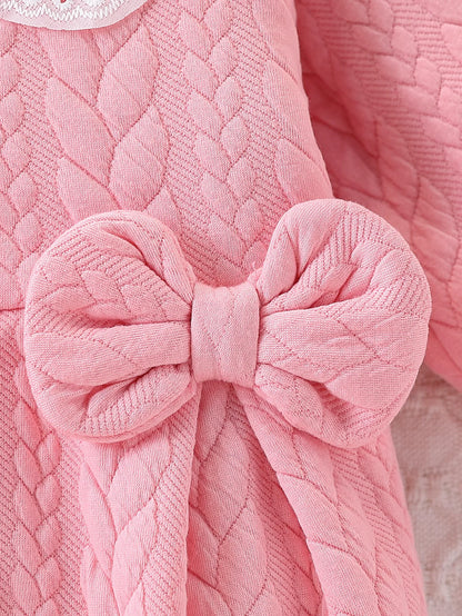 Pink Thickened One-Piece Romper for Baby Girls, with Cable Knit Quilted Fabric, Doll Collar with Hollow Lace, Double Bow, Snap Buttons on the Front and Crotch, Warm and Cute