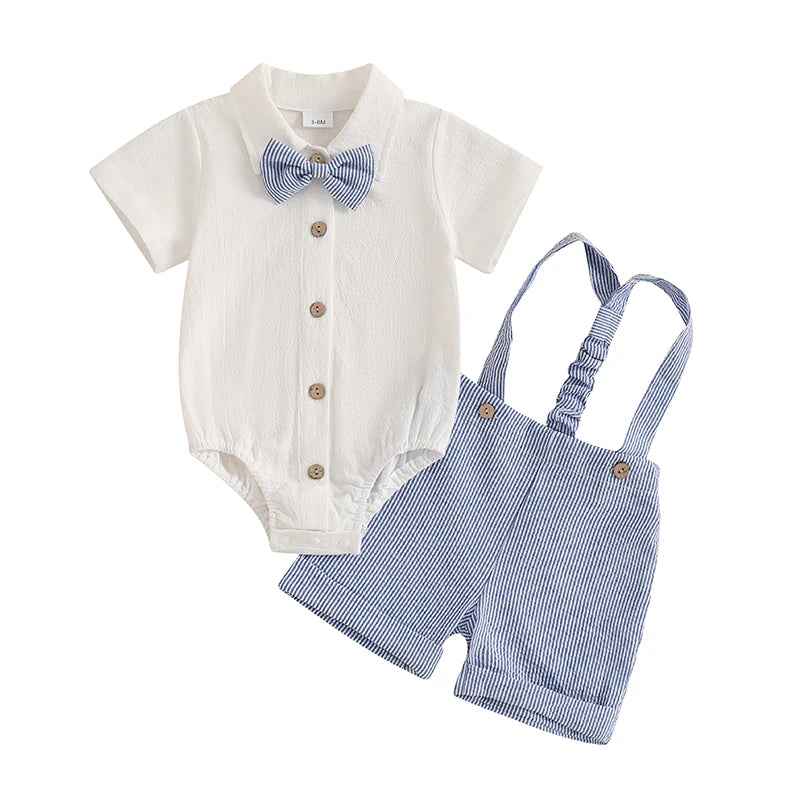 Infant Baby Boy Summer Gentleman Outfit Short Sleeve Lapel Neck Shirt Romper + Stripe Suspender Shorts + Bowtie for Newborn
