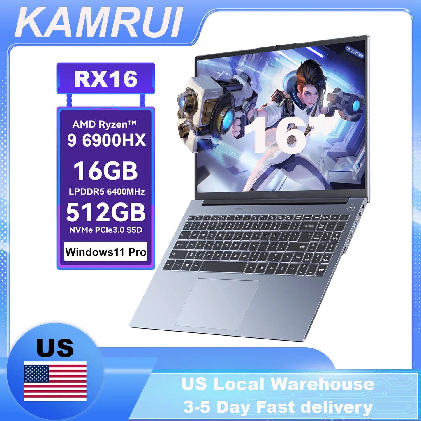 KAMRUI 16" Laptop AMD R9 6900HX 16GB LPDDR5 512GB PCle4.0 SSD Win11 Pro Backlit Keyboard Full-Featured Office Gaming Notebook