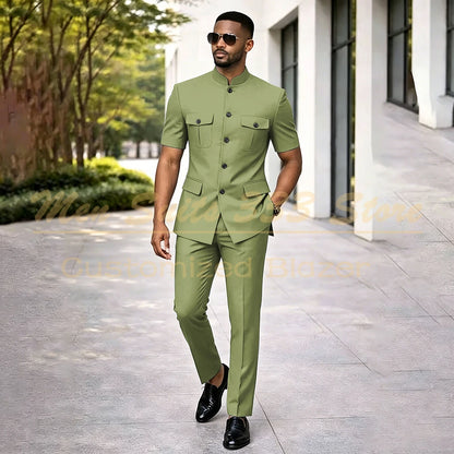 Summer Safari Men's Suits Fashion Regular Fit Short Sleeve Blazer Elegant Luxury Single Breasted 2 Piece Jacket Pants Outfits