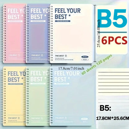 6pcs Spiral Notebook, Simple A5/B5 Hardcover Spiral Notebook, Tear-out Pages with Horizontal Lines, Office and School Supplies
