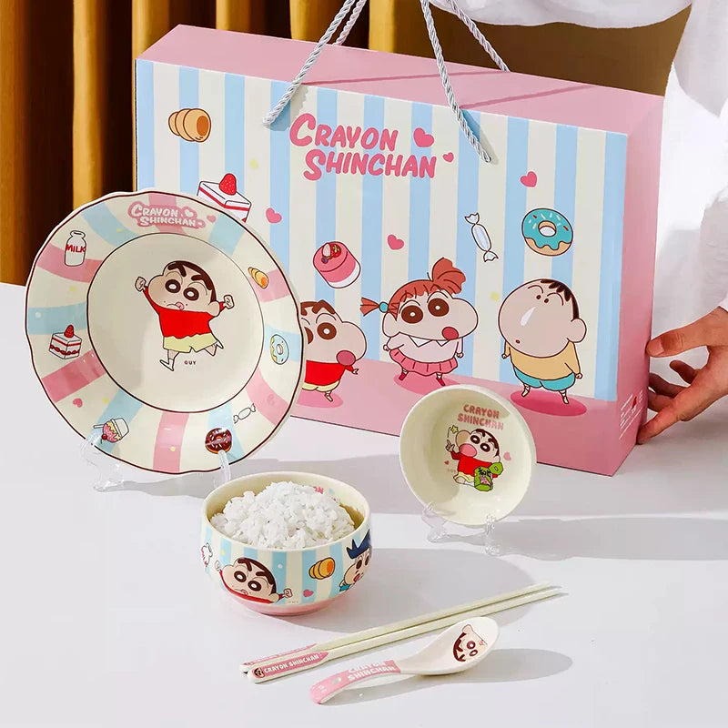 New 1Set/5Pcs Cartoon Anime Crayon Shin Chan Ceramics Gift Box Set Breakfast Home Office Rice Bowl Plate Beautiful Kid Mug Gift