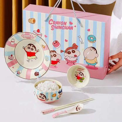 New 1Set/5Pcs Cartoon Anime Crayon Shin Chan Ceramics Gift Box Set Breakfast Home Office Rice Bowl Plate Beautiful Kid Mug Gift