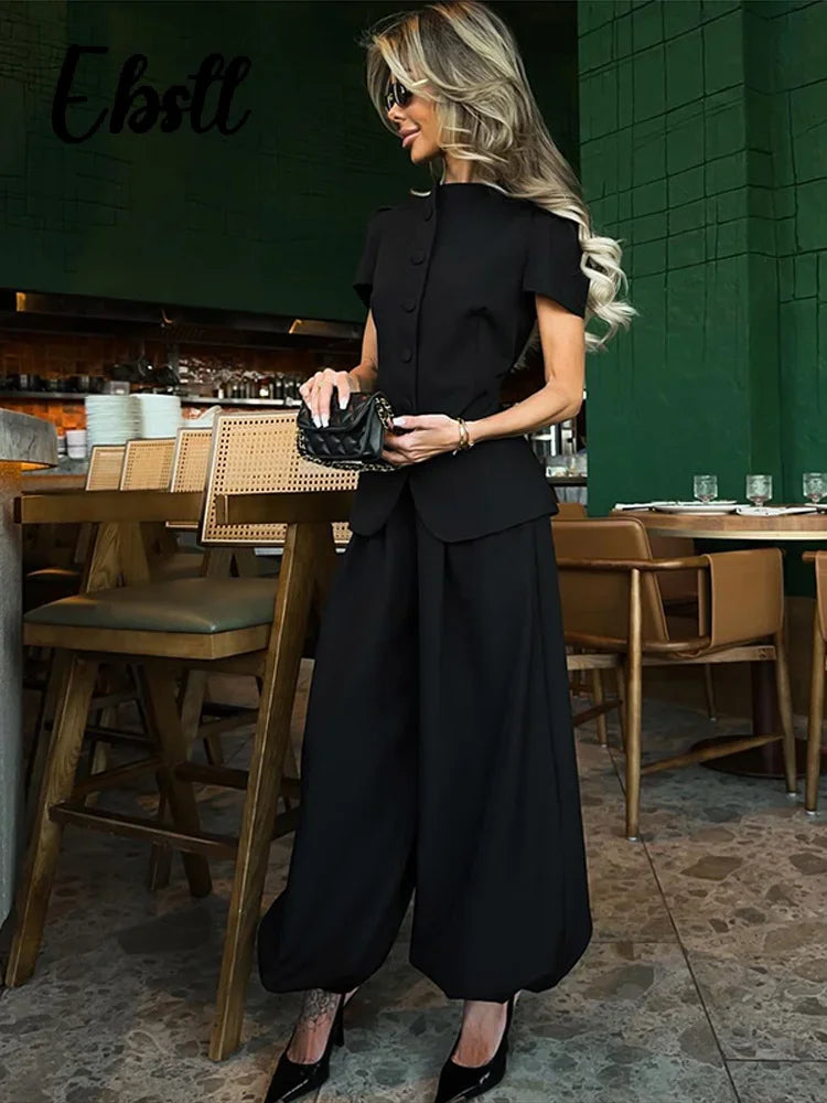 Elegant Short Sleeve Top Pants Set Women's Solid Single-breasted O Neck Waist-cinching Tops Loose Lantern Trousers 2026 Outfits