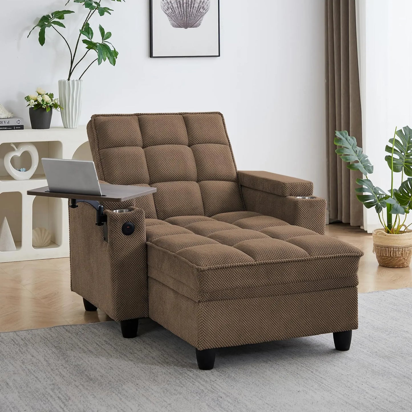 hansones 65'' 3-in-1 Folding Convertible Sofa Bed, Pullout Sofa, Modern Chenille Fabric, 360° Swivel Side Table, Easy Assembly,