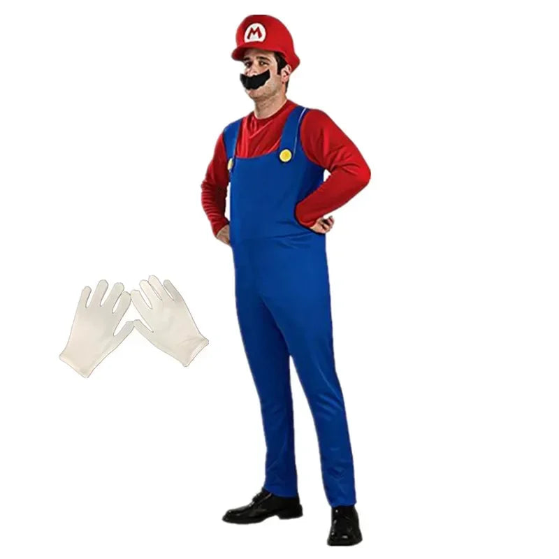 Anime Game Plumber Brothers Costume Funny Performance Costume Halloween Unisex Mens Womens Teen Party with Hat and Mustache