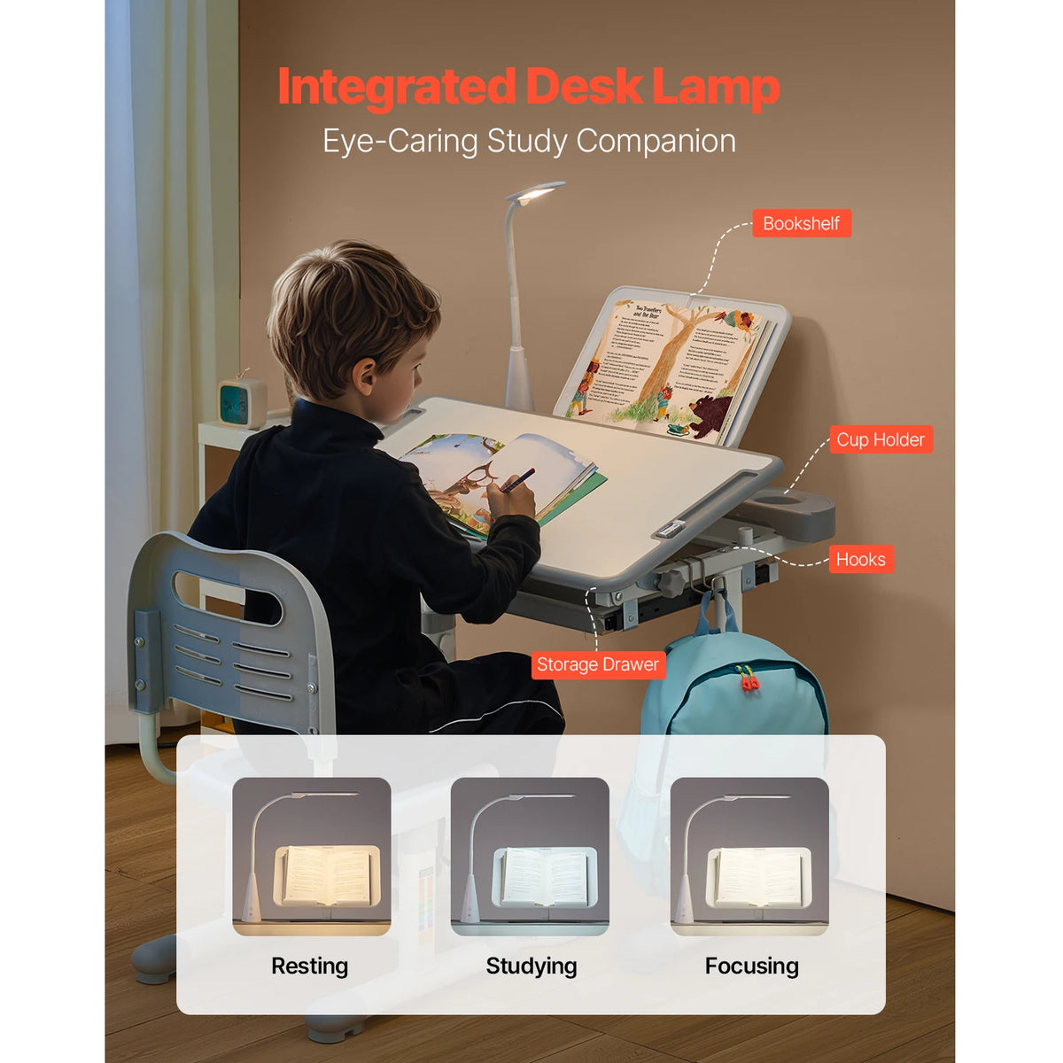 SucceBuy Kids Study Chair and Desk Set Study Desk and Chair for Kids with Table Lamp Adjustable Height  for Bedroom & Study Room