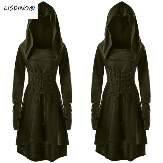 Medieval Cosplay Renaissance Archer Costumes Hooded Robe Lace Up Pullover Long Hoodie Dress Cloak Halloween Party