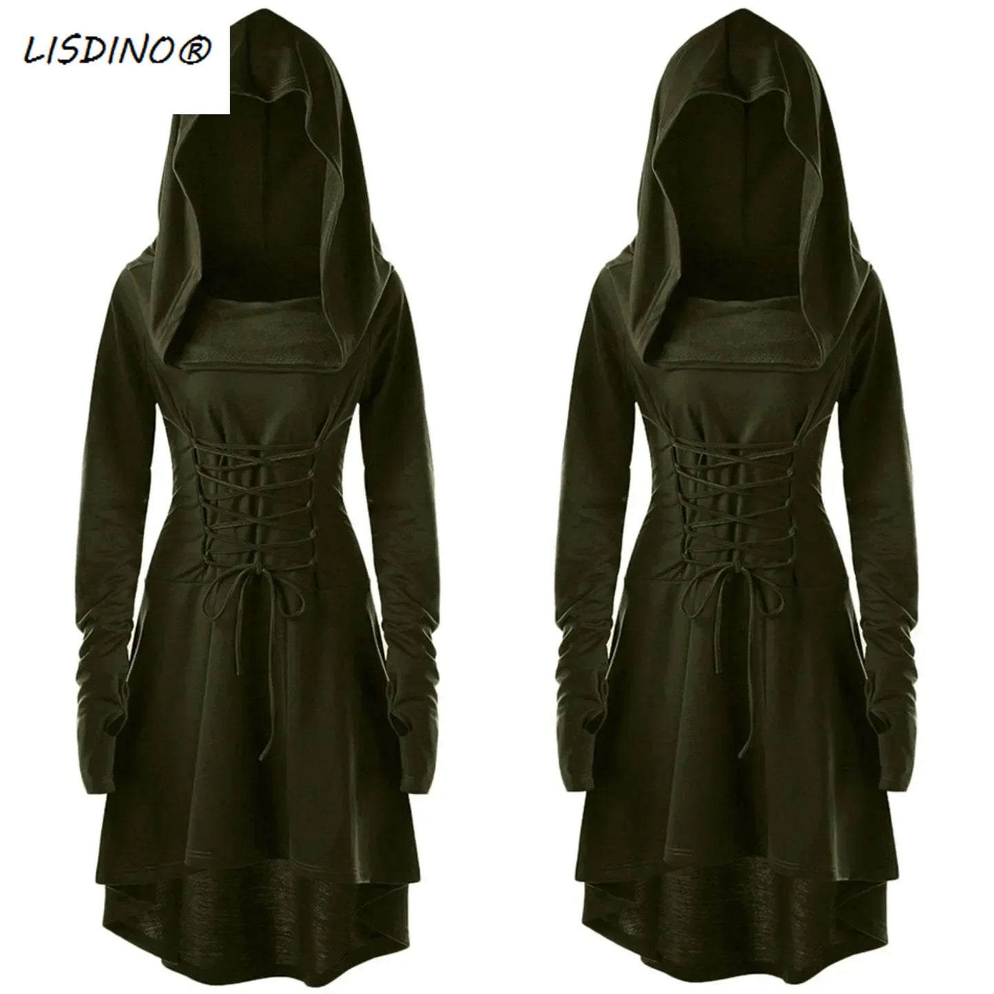 Medieval Cosplay Renaissance Archer Costumes Hooded Robe Lace Up Pullover Long Hoodie Dress Cloak Halloween Party
