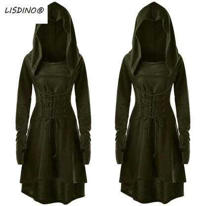 Medieval Cosplay Renaissance Archer Costumes Hooded Robe Lace Up Pullover Long Hoodie Dress Cloak Halloween Party
