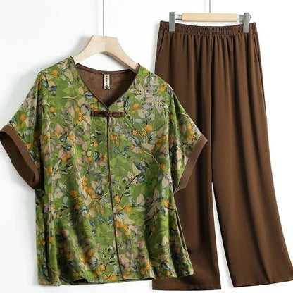 Korean Lady Short Sleeve Blouse Pant 2PCS Middle-aged Mom Large Size 5XL T-shirt Suit Summer Femme V Neck Trousers Two-piece Set