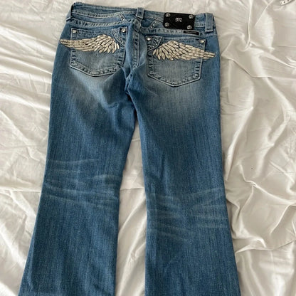 Women Bling Rhinestone Jeans Wings Pocket Embroidered Vintage Y2K Streetwear Hip Hop Dark Wash Cargo Denim Pants Fashion Trouser