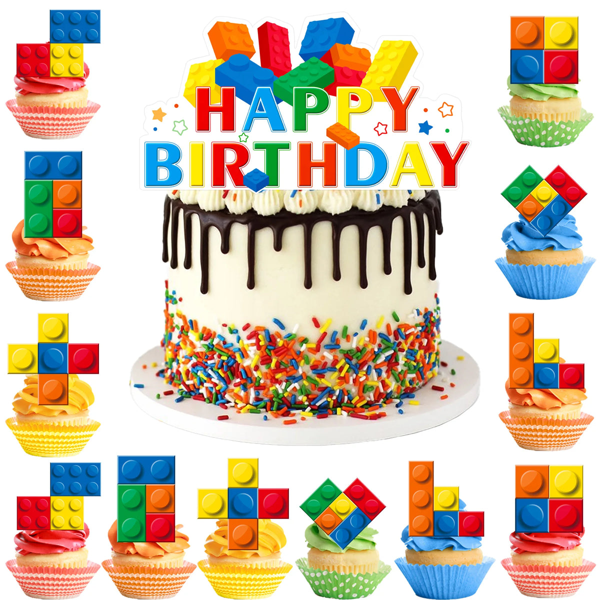 Building Blocks Cake Topper, 24 Pcs Building Block Birthday Party Cupcake Toppers + 1 Pcs Building Block Birthday Cake Topper