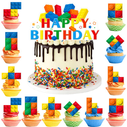 Building Blocks Cake Topper, 24 Pcs Building Block Birthday Party Cupcake Toppers + 1 Pcs Building Block Birthday Cake Topper