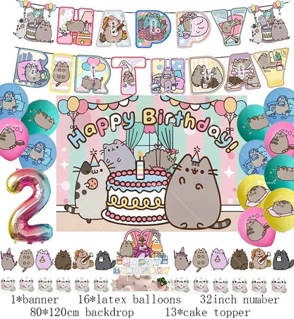 The Pusheen Cat Balloons Birthday Decoration Party Supplies Cartoon Grey Pet Fat Cat Theme Banner Backdrop Cake Topper Sticker