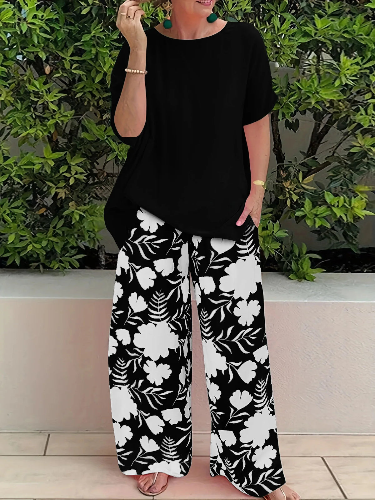 Wide Leg Pant Two Piece Set Women Fashion Short Sleeve Shirt and Pant