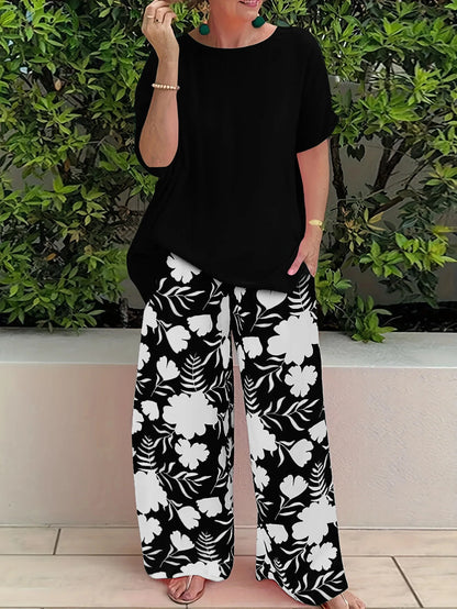 Wide Leg Pant Two Piece Set Women Fashion Short Sleeve Shirt and Pant