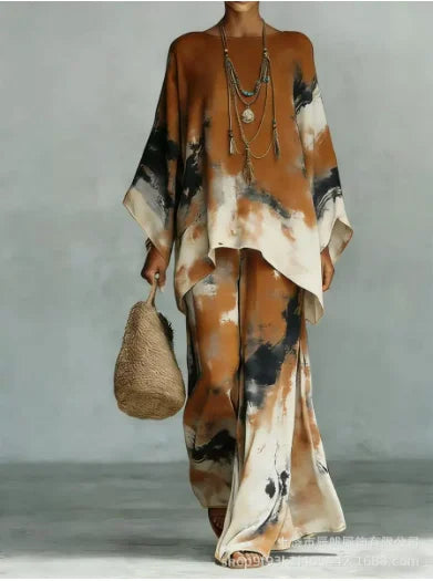 Boho Two Piece Set Summer Women's Loose Patchwork Wide Leg Pants Set Fashion O Neck Pullover Top 2-piece Set Outfit Streetwear