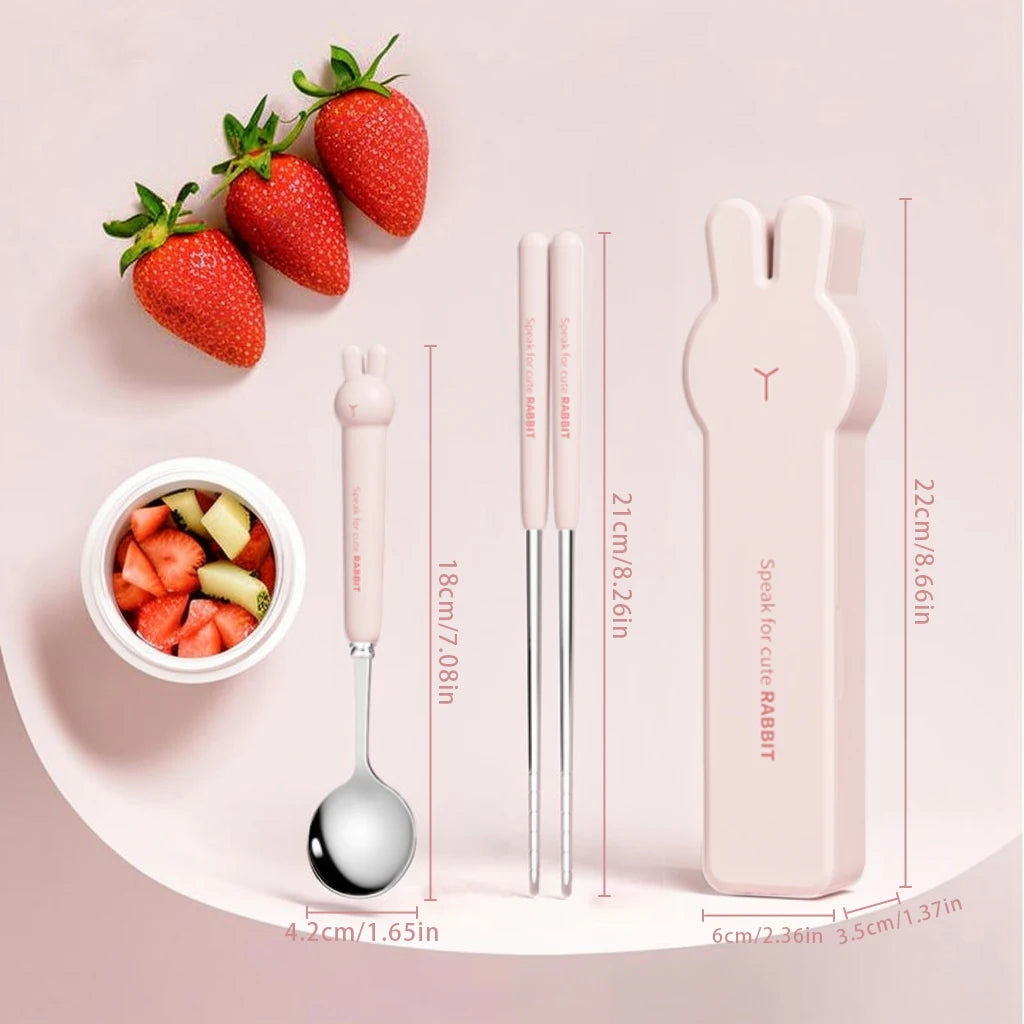 WORTHBUY 3/4PCS Cute Portable Dinnerware Set Reusable 304 Stainless Steel Fork Spoon Chopsticks With Box Cutlery For Kid Student