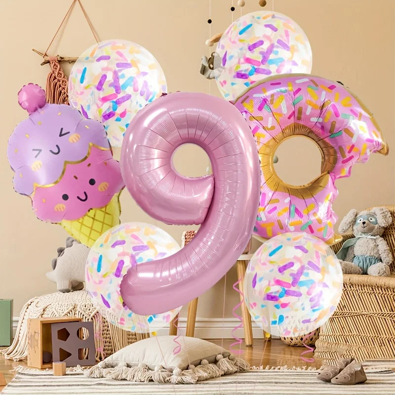 7-Piece Set of Cute Pink Donut Candy Foil Balloons 40inch Ice Cream Themed Birthday Party Scene Decoration Photo Props Indoor and Outdoor Decoration Cool Summer Gifts Anniversary Supplies, Halloween Decorations, Christmas Dec
